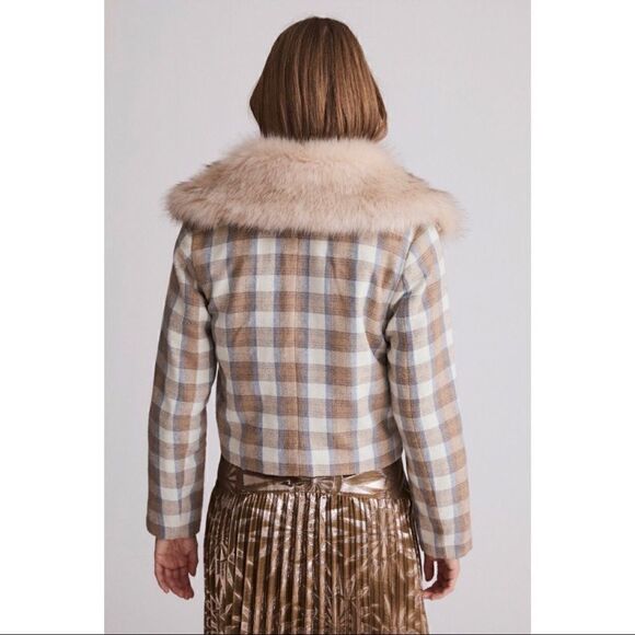 NEW Anthropologie Vegan Unreal Fur Plaid Tiger Kiss Faux Fur-Trim Jacket Medium - Picture 2 of 3